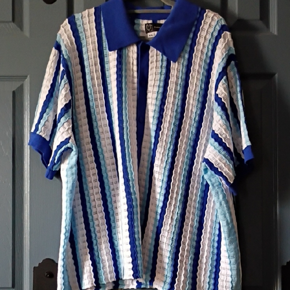 Original Use Blue & White Vertical Stripe Polo